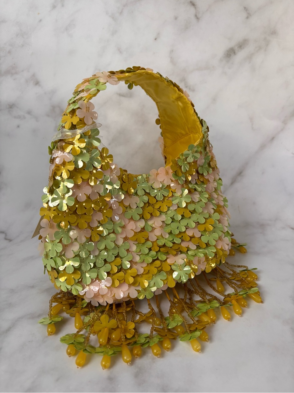 Viral Yellow & Green Floral Beaded Purse Handbag Hand Crafted in India NWT - Picture 3 of 6